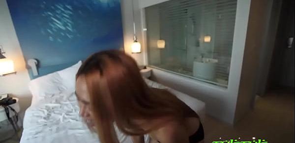  Horny Asian babe with bald smooth pussy and blonde hair gets fucked hard by her 1st white lover